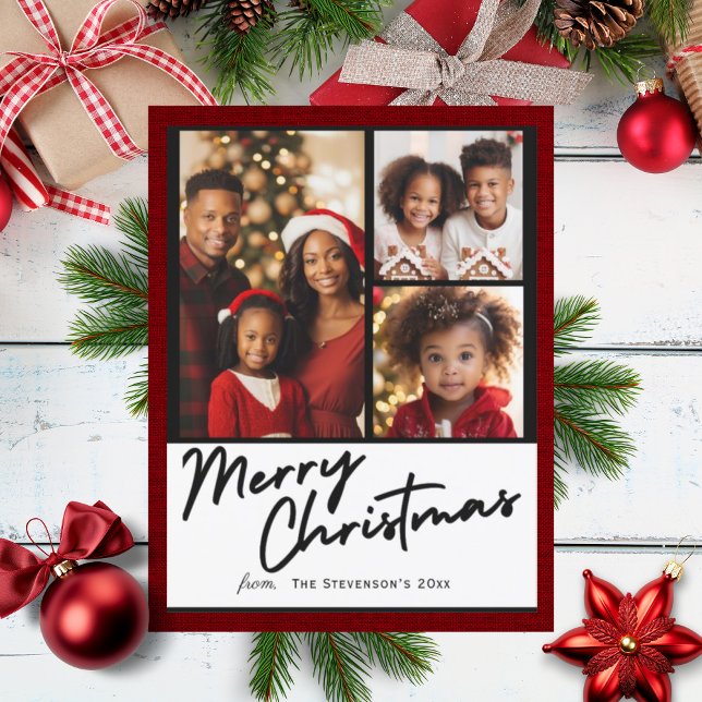 Merry Christmas 3 Photo Personalized Holiday Postcard (Creator Uploaded)