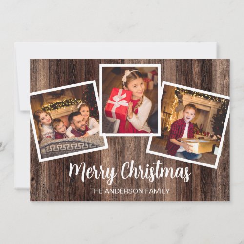 Merry Christmas 3 Photo Rustic Wood Card