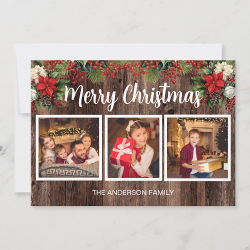 Merry Christmas 3 Photo Rustic Wood Red Poinsettia Card