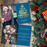 Merry Christmas 3 photos blue family  Foil Holiday Card<br><div class="desc">Modern holiday greeting card, customizable with one of your favorite family Christmas portraits on the front, beside a lovely real gold foil lettering caption that reads "we wish you a merry Christmas" over a plain blue background. On the reverse of the card, you can upload two more photos and your...</div>