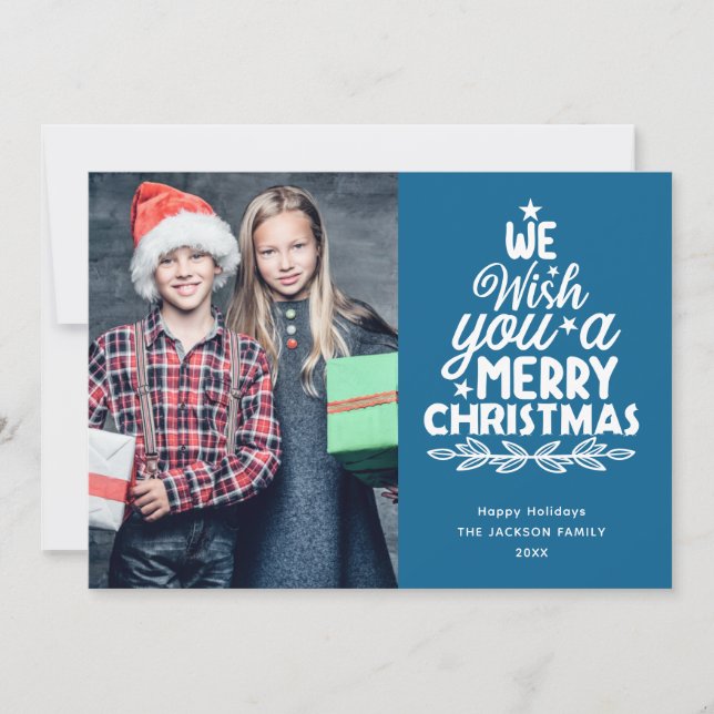 Merry Christmas 3 photos blue family Holiday Card (Front)