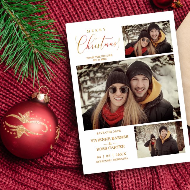 Merry Christmas 3 Photos Collage Elegant Script  Save The Date