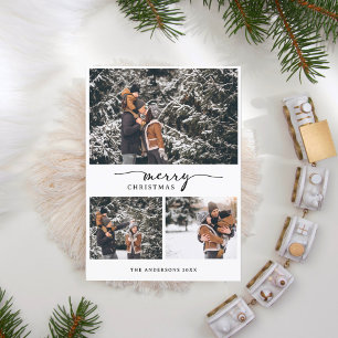 Merry Christmas 3 Photos Collage Modern Script Holiday Card