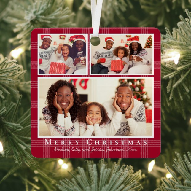 merry christmas 3 photos collage red buffalo plaid metal ornament (Insitu)