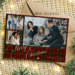 Merry Christmas 3 photos elegant script red plaid  Foil Holiday Card<br><div class="desc">Elegant stylish Merry Christmas real gold foil classic calligraphy script three family photo collage red green plaid tartan rustic luxury holiday card with your custom personalized text on both sides.        The foil color is changeable - you can choose gold,  silver,  or rose gold.</div>