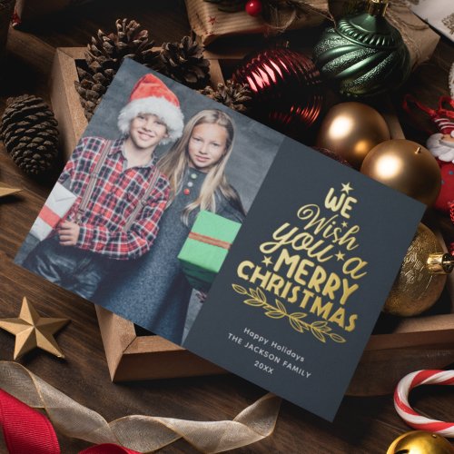 Merry Christmas 3 photos family Foil Holiday Card