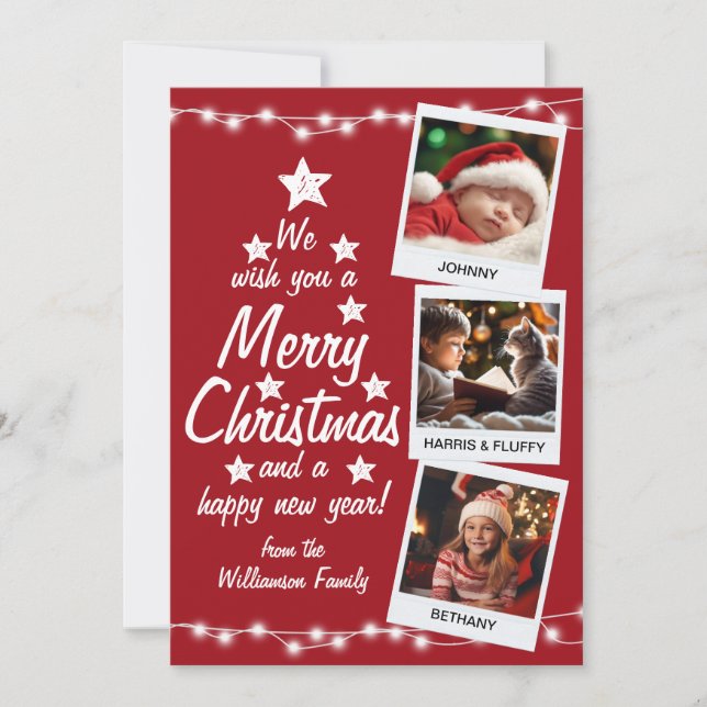 Merry Christmas 3 Photos Family Red Holiday Card (Front)