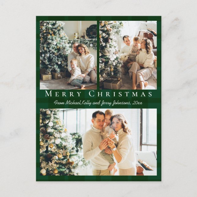 merry christmas 3 photos green buffalo plaid holiday postcard (Front)