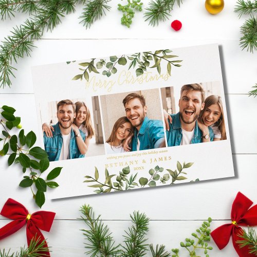 Merry Christmas 3 Photos Greenery Gold Foil Holiday Card
