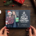 Merry Christmas 3 photos grey family Holiday Card<br><div class="desc">Modern holiday greeting card, customizable with one of your favorite family Christmas portraits on the front, beside a lovely white lettering caption that reads "we wish you a merry Christmas" over a plain dark grey background. On the reverse of the card, you can upload two more photos and your personal...</div>