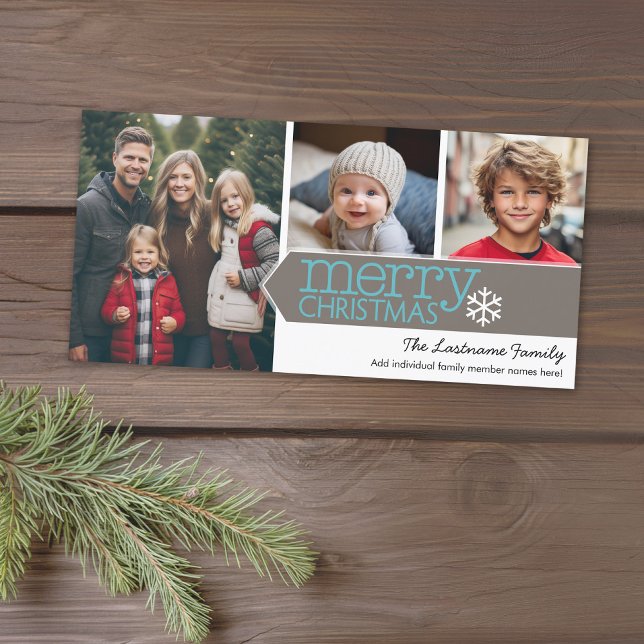 Merry Christmas - 3 Photos - Modern Design Holiday Card (Add 3 photos to this classic photo card that can be printed or sent out to friends and family.)