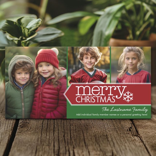 Merry Christmas - 3 photos - modern red green Holiday Card (Custom Holiday Photo Card)