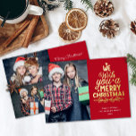 Merry Christmas 3 photos red family Foil Holiday Card<br><div class="desc">Modern holiday greeting card, customizable with one of your favorite family Christmas portraits on the front, beside a lovely real gold foil lettering caption that reads "we wish you a merry Christmas" over a plain red background. On the reverse of the card, you can upload two more photos and your...</div>