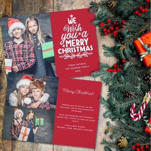 Merry Christmas 3 photos red family Holiday Card
