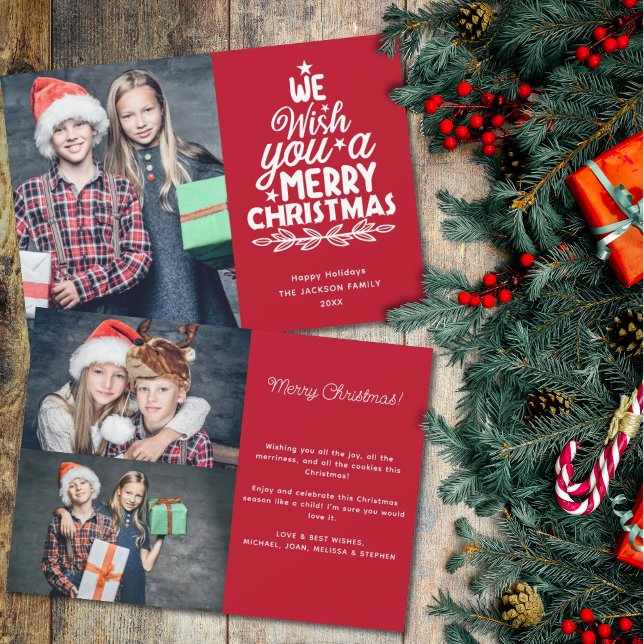 Merry Christmas 3 photos red family Holiday Card (Creator Uploaded)