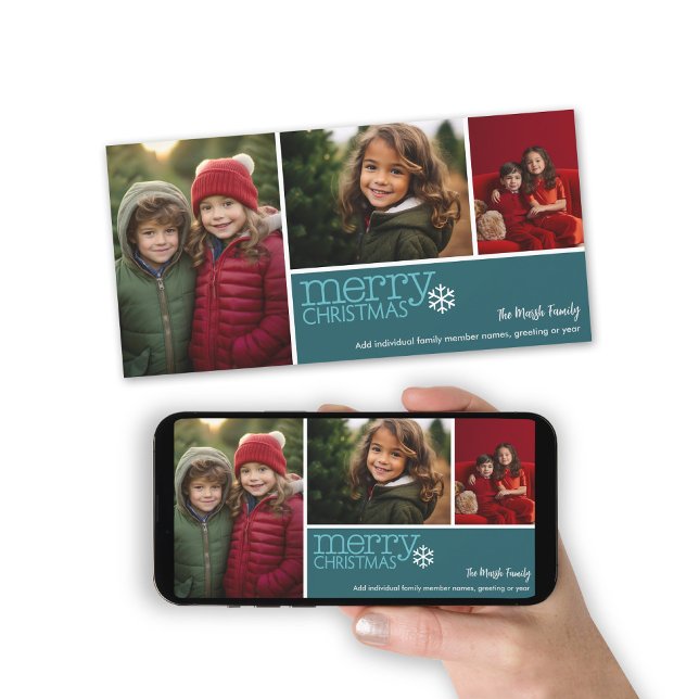 Merry Christmas - 3 photos - teal blue snowflake Holiday Card (Holiday Photo card with a 3 Photo Collage. Download Option Available. Teal Accents)