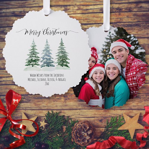 Merry Christmas 3 Pine Trees Rustic Photo Holiday Ornament Card