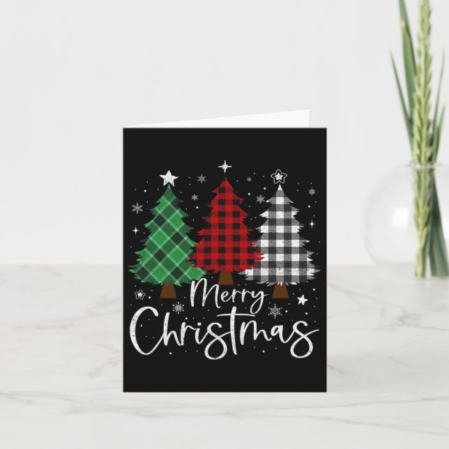Merry Christmas 3 Xmas Trees Buffalo Plaid Family  Card (Front)
