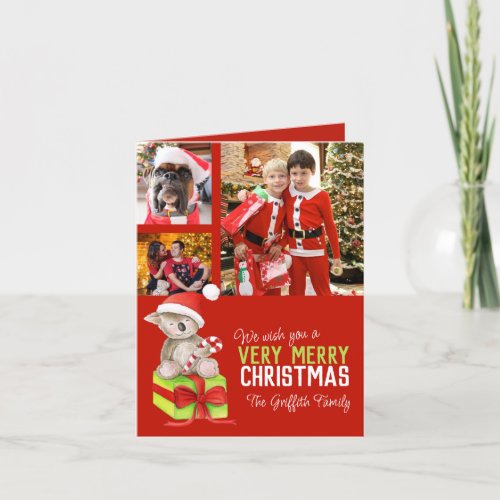 Merry Christmas 4 family photos bear on a box red Holiday Card
