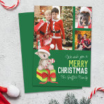 Merry Christmas 4 photo bear gift box green Holiday Card<br><div class="desc">We wish you a Very Merry Christmas personalized name and four of your own photos Christmas holiday card in red and dark green. Personalize with your own family name. Koala bear with a candy cane and Santa hat on sitting on a gift box watercolor art and card design by Sarah...</div>