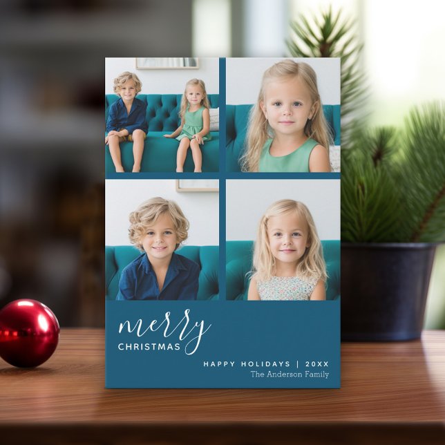 Merry Christmas 4 Photo - Blue Botanical  Holiday Card (Modern Christmas Card with Photos)