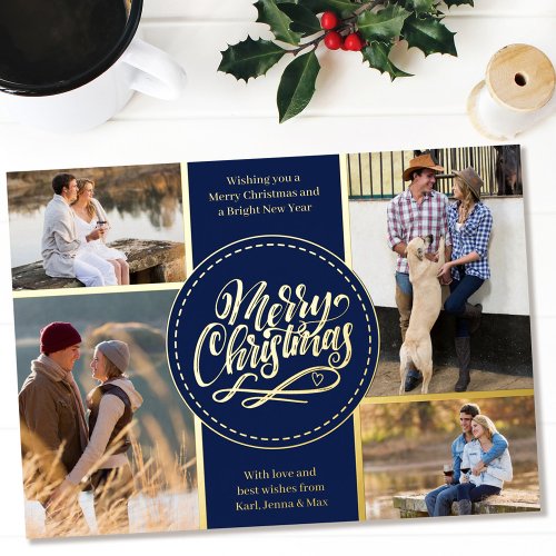 Merry Christmas 4 Photo Collage Blue and Gold Foil Holiday Card