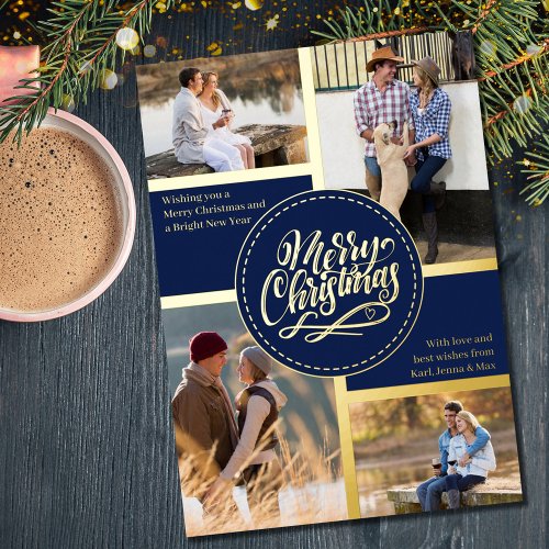 Merry Christmas 4 Photo Collage Blue and Gold Foil Holiday Card
