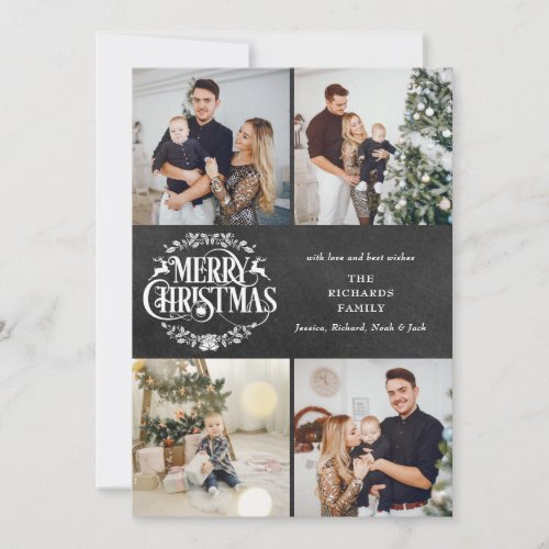 Merry Christmas 4 Photo Collage Boho Chalkboard Holiday Card