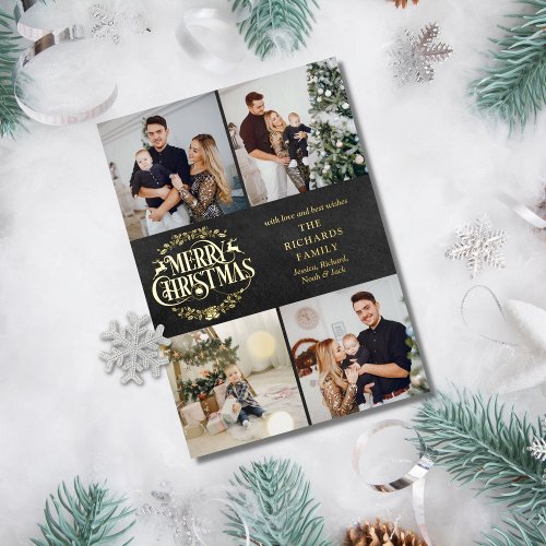 Merry Christmas 4 Photo Collage Chalkboard Gold Foil Holiday Card