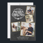 Merry Christmas 4 Photo Collage Chalkboard Holiday Card<br><div class="desc">A boho 4 photo collage holiday design for you to personalize with your favorite photos framed in gold,  message,  names and year on a chalkboard background. The reverse features falling snowflakes on a matching chalkboard background. Designed by Thisisnotme©</div>