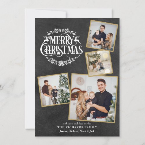 Merry Christmas 4 Photo Collage Chalkboard Holiday Card