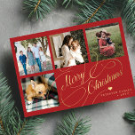 Merry Christmas 4 photo collage elegant script Holiday Card<br><div class="desc">Elegant stylish Merry Christmas faux gold classic calligraphy script four square family photos simple red holiday card with your custom personalized text on both sides. PLEASE NOTE that the background color is editable. You can change it after selecting CUSTOMIZE option down below the PERSONALIZE IT menu. If you don't feel...</div>