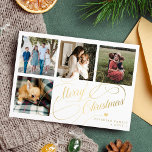 Merry Christmas 4 photo collage elegant script Holiday Card<br><div class="desc">Elegant stylish Merry Christmas faux gold classic calligraphy script four square family photos simple simple white holiday card with your custom personalized text on both sides. PLEASE NOTE that the background color is editable. You can change it after selecting CUSTOMIZE option down below the PERSONALIZE IT menu. If you don't...</div>