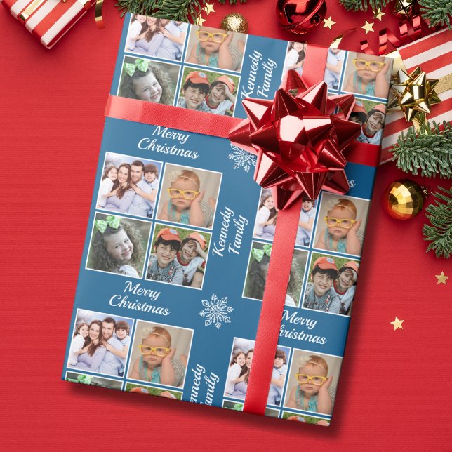 Merry Christmas 4 Photo Collage Family Name Blue Wrapping Paper (Creator Uploaded)