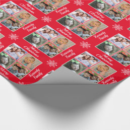 Merry Christmas 4 Photo Collage Family Name Red Wrapping Paper