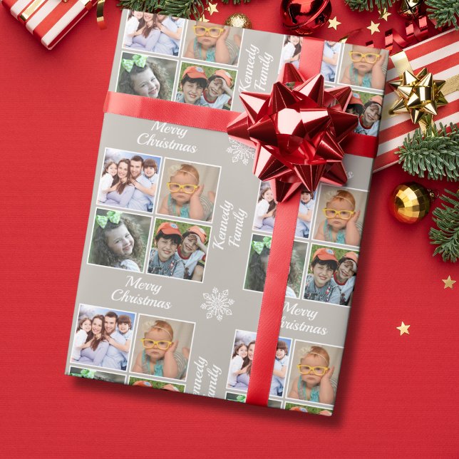 Merry Christmas 4 Photo Collage Family Name Taupe Wrapping Paper (Creator Uploaded)