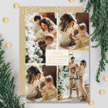 Merry Christmas 4 Photo Collage Gold Foil Holiday Card<br><div class="desc">Real foil Christmas greeting cards feature your last name and the greeting Merry Christmas and Happy New Year in chic real gold foil lettering with your favorite 4 photo collage bordered in real gold foil on the front and your first names on the back. The Live Design Service can help...</div>