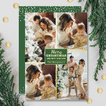 Merry Christmas 4 Photo Collage Gold Foil Holiday Card<br><div class="desc">Real foil Christmas greeting cards feature your last name and the greeting Merry Christmas and Happy New Year in chic real gold foil lettering on green with your favorite 4 photo collage bordered in real foil on the front and your first names on the back. The Live Design Service can...</div>