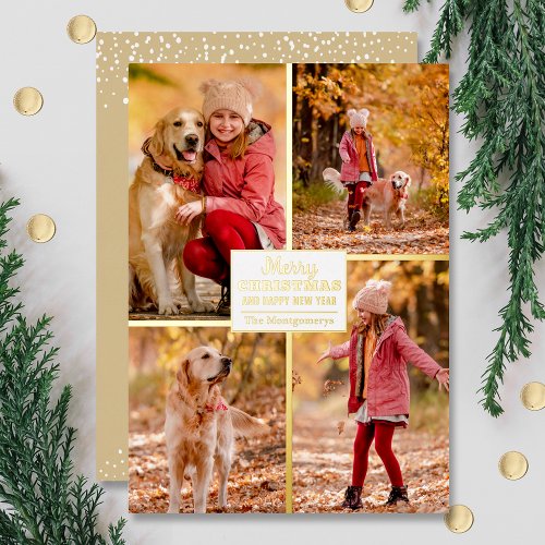 Merry Christmas 4 Photo Collage Gold Foil Holiday Card