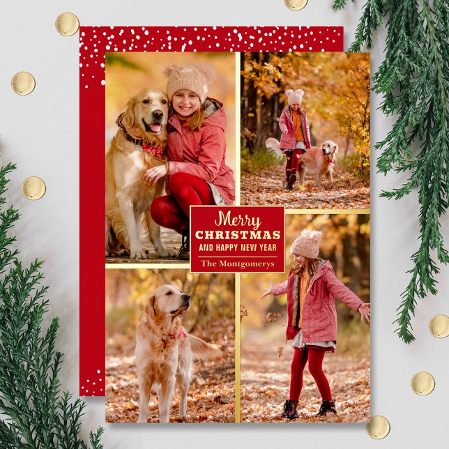 Merry Christmas 4 Photo Collage Gold Foil Holiday Card (Creator Uploaded)