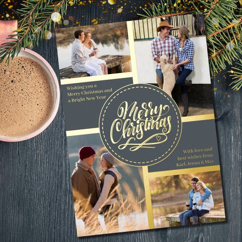Merry Christmas 4 Photo Collage Gray and Gold Foil Holiday Card