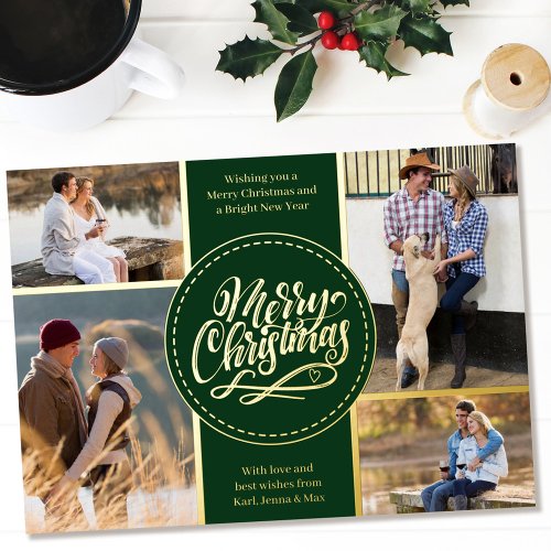 Merry Christmas 4 Photo Collage Green and Gold Foil Holiday Card