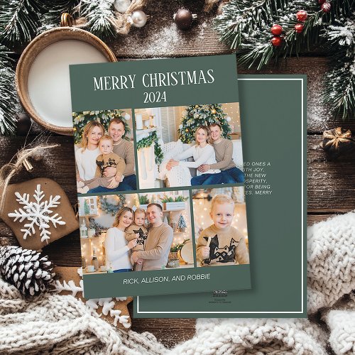 Merry Christmas 4 Photo Collage Green Holiday Card