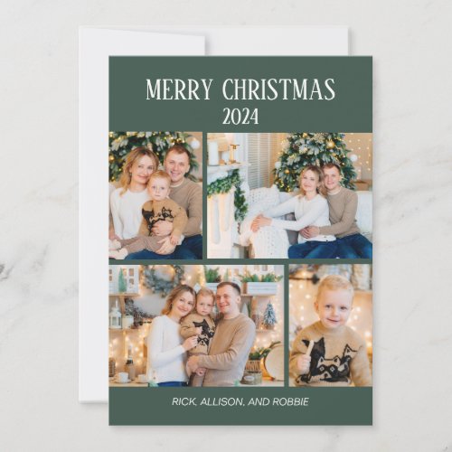 Merry Christmas 4 Photo Collage Green Holiday Card