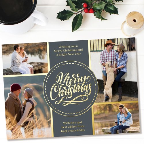 Merry Christmas 4 Photo Collage Grey and Gold Foil Holiday Card