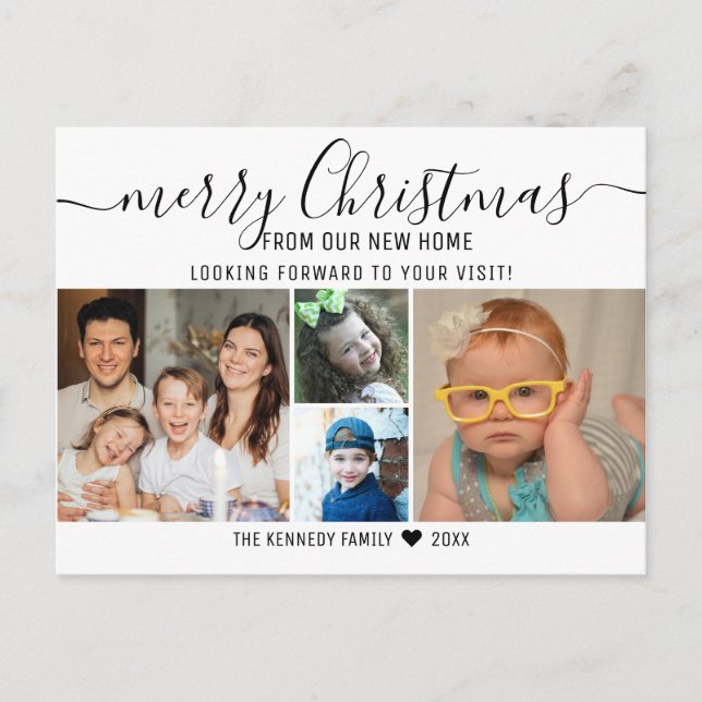 Merry Christmas 4 Photo Collage Holiday Moving Announcement Postcard (Front)