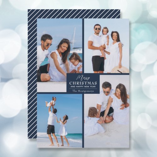 Merry Christmas 4 Photo Collage Navy Blue Holiday Card