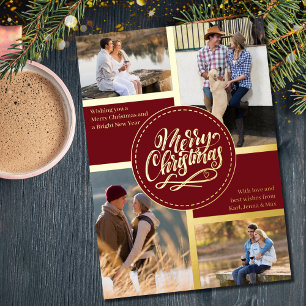 Merry Christmas 4 Photo Collage Red and Gold Foil Holiday Card