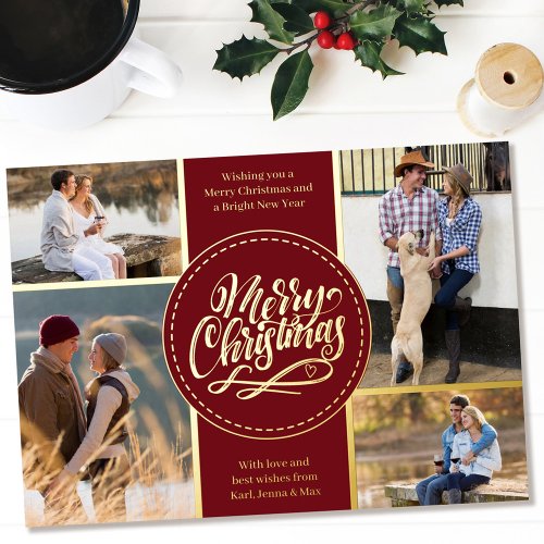 Merry Christmas 4 Photo Collage Red and Gold Foil Holiday Card