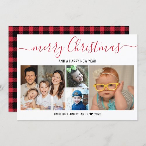 Merry Christmas 4 Photo Collage Red Buffalo Plaid Holiday Card